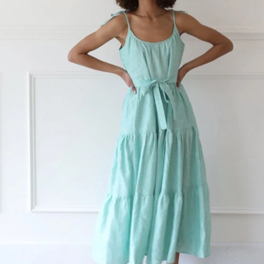 Mille Maui Tiered Linen Maxi Dress Blue Striped sz Small Loose fit